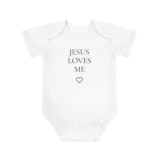 Jesus Loves Me Baby Bodysuit — Christian Infant Onesie with Heart